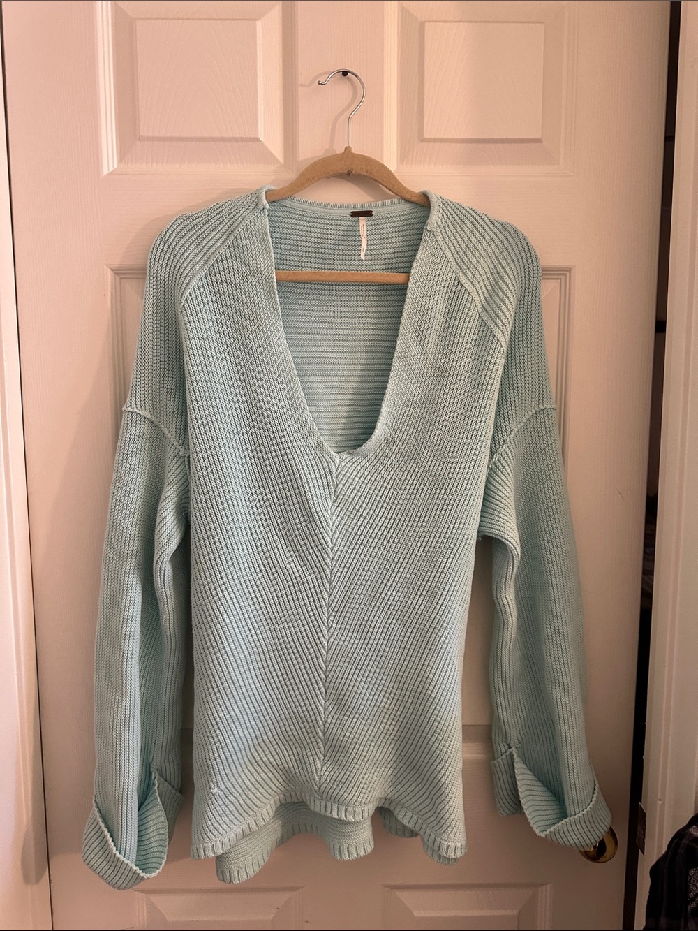 Free people Light Blue V-Neck Ribbed Women's Sweater